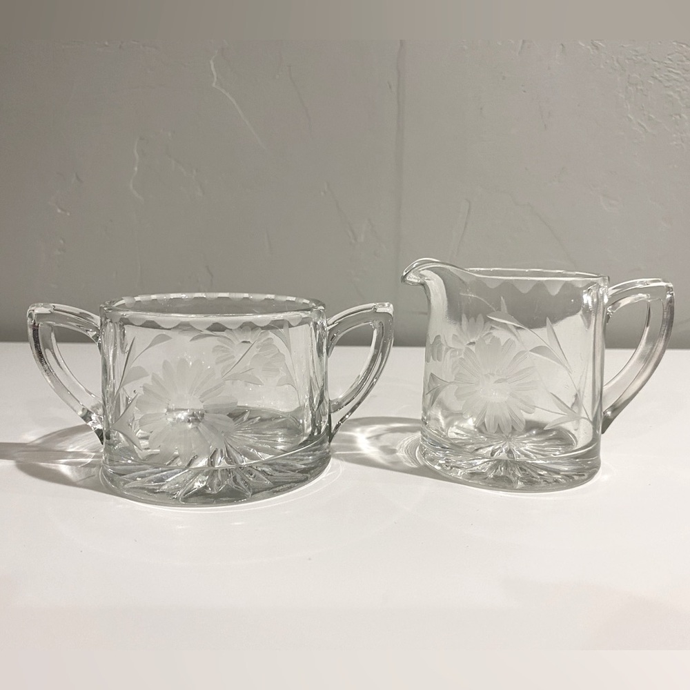 Vintage Depression Clear Glass Etched Floral Sugar and Creamer Set
